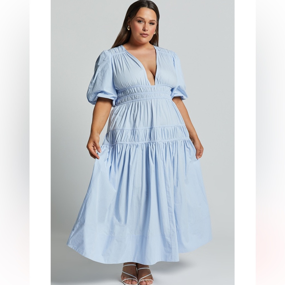 showpo - PUFF SLEEVE PLUNGE TIERED DRESS IN SOFT BLUE